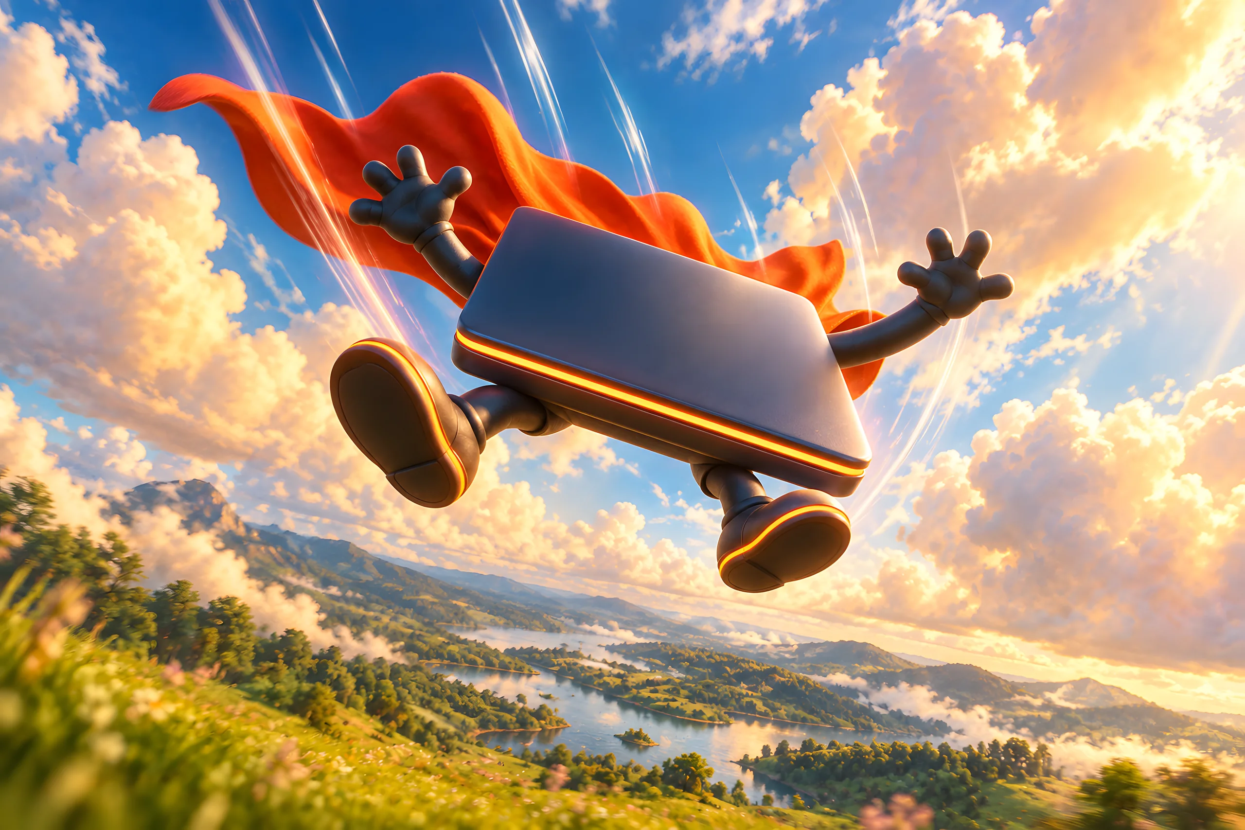 A cartoon laptop superhero with a red cape diving down through golden clouds over a green Kerala valley