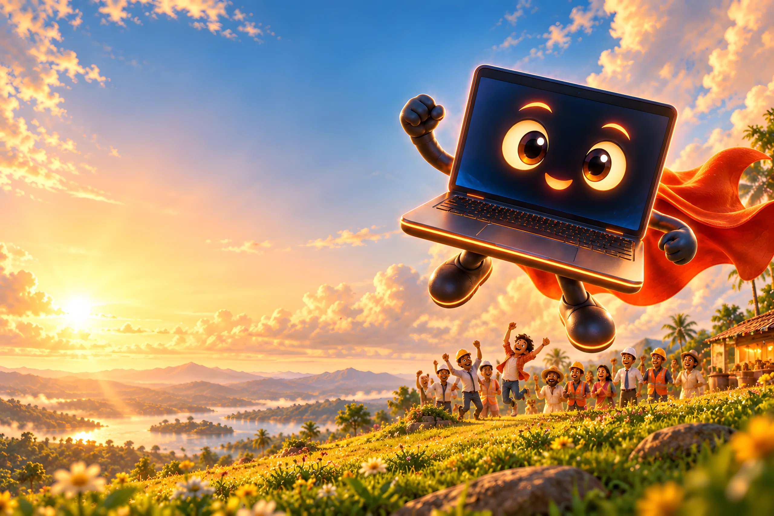 The laptop hero floating over a golden sunset meadow with happy people cheering on the hill