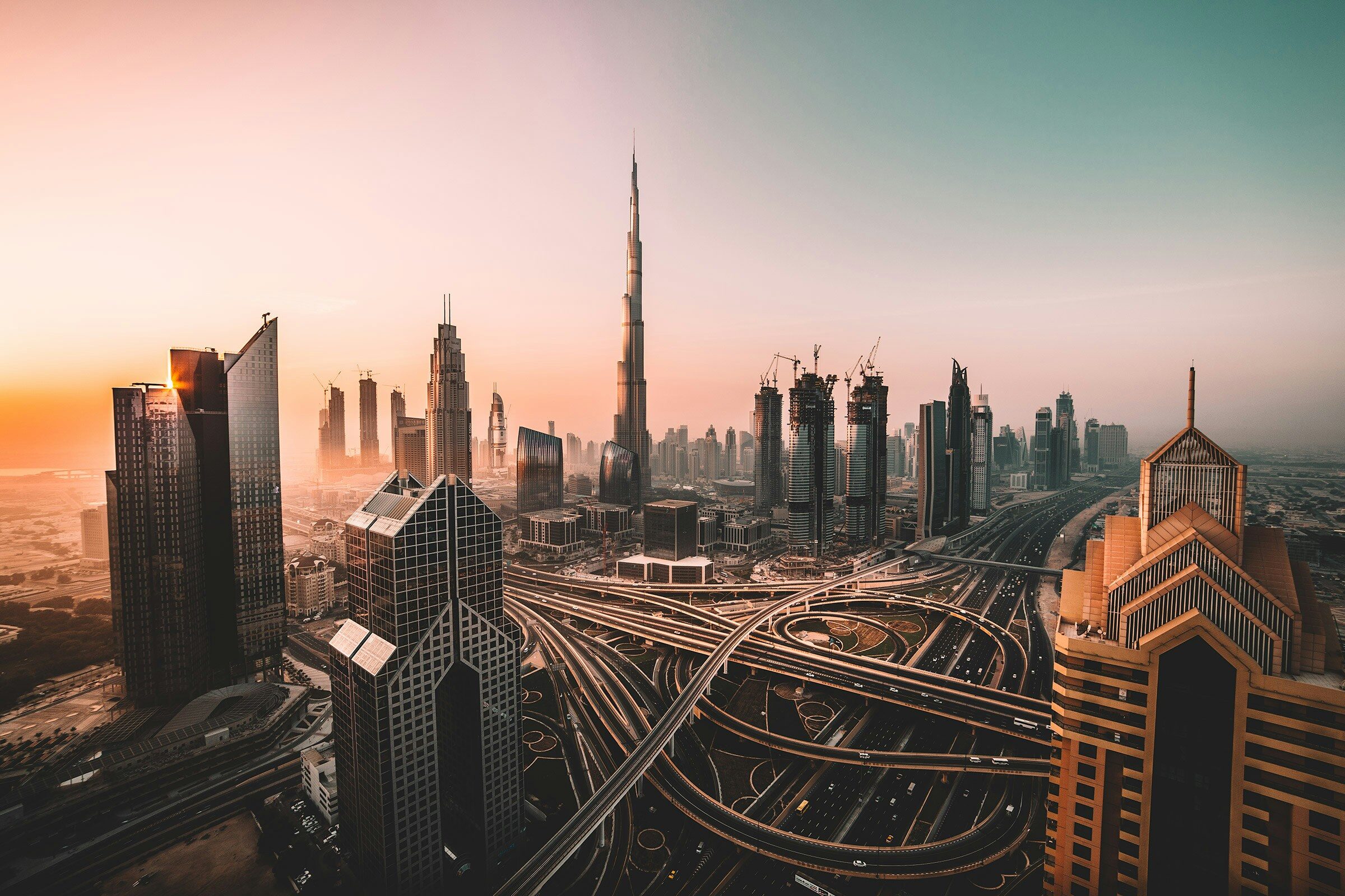 The Burj Khalifa above a multi-level highway interchange in Dubai