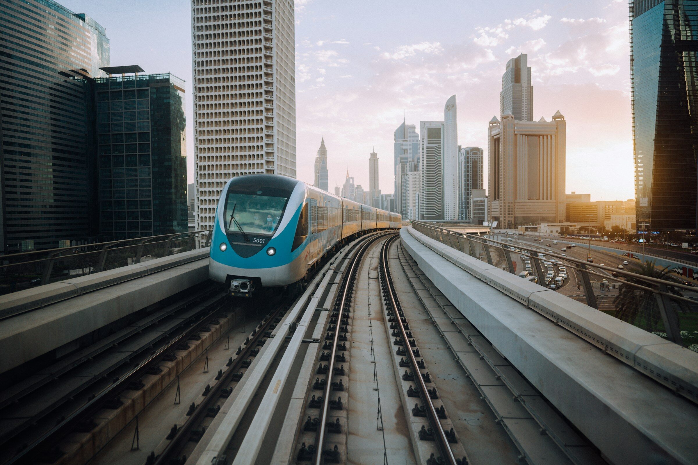 A Dubai Metro train on its elevated track