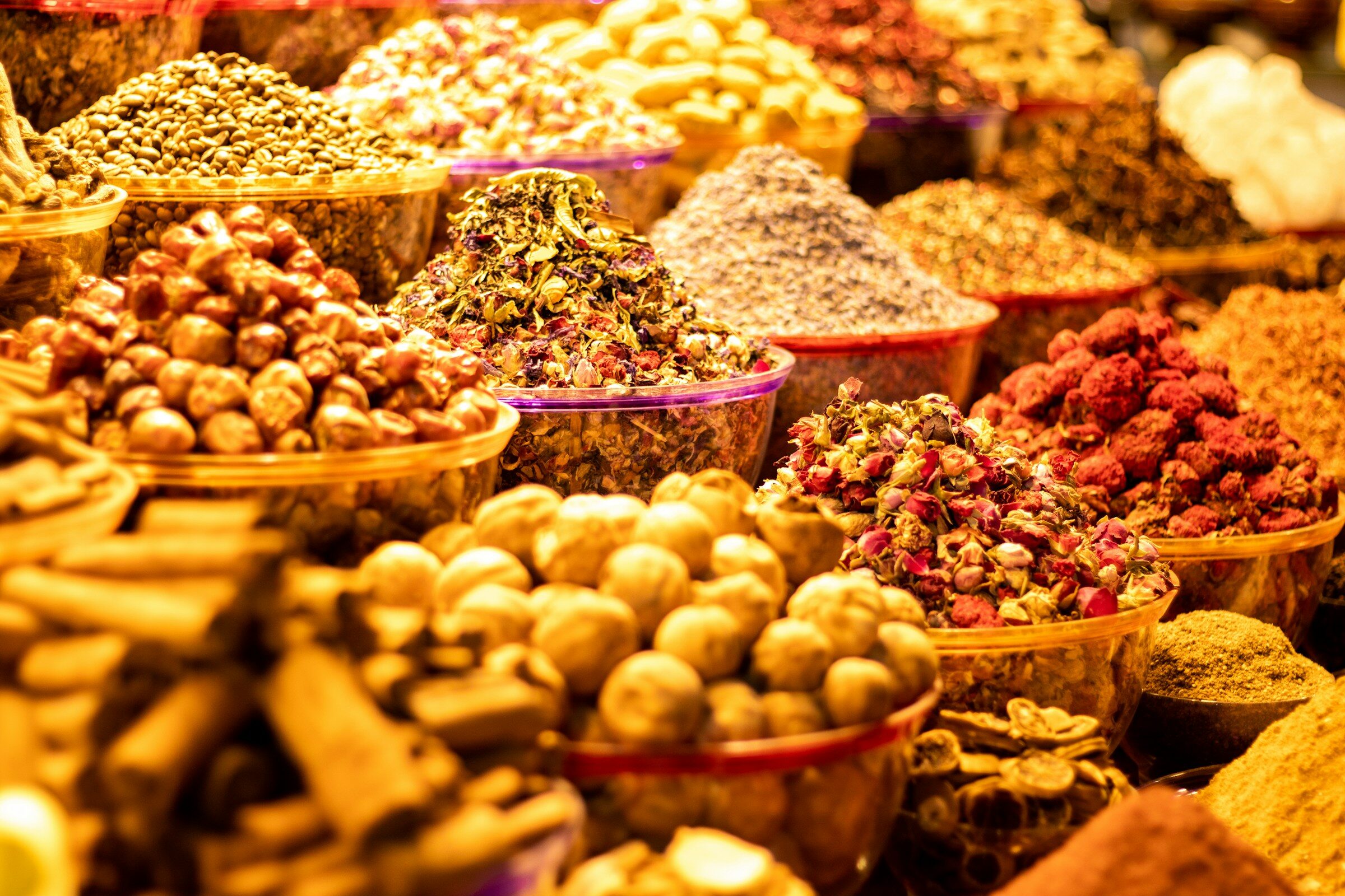 Spices in baskets at the Dubai spice souk