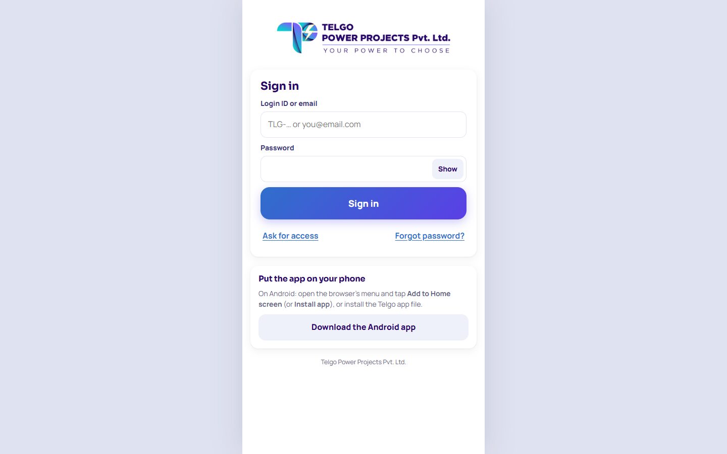 The sign-in page of the Telgo Power Projects site app in a desktop browser