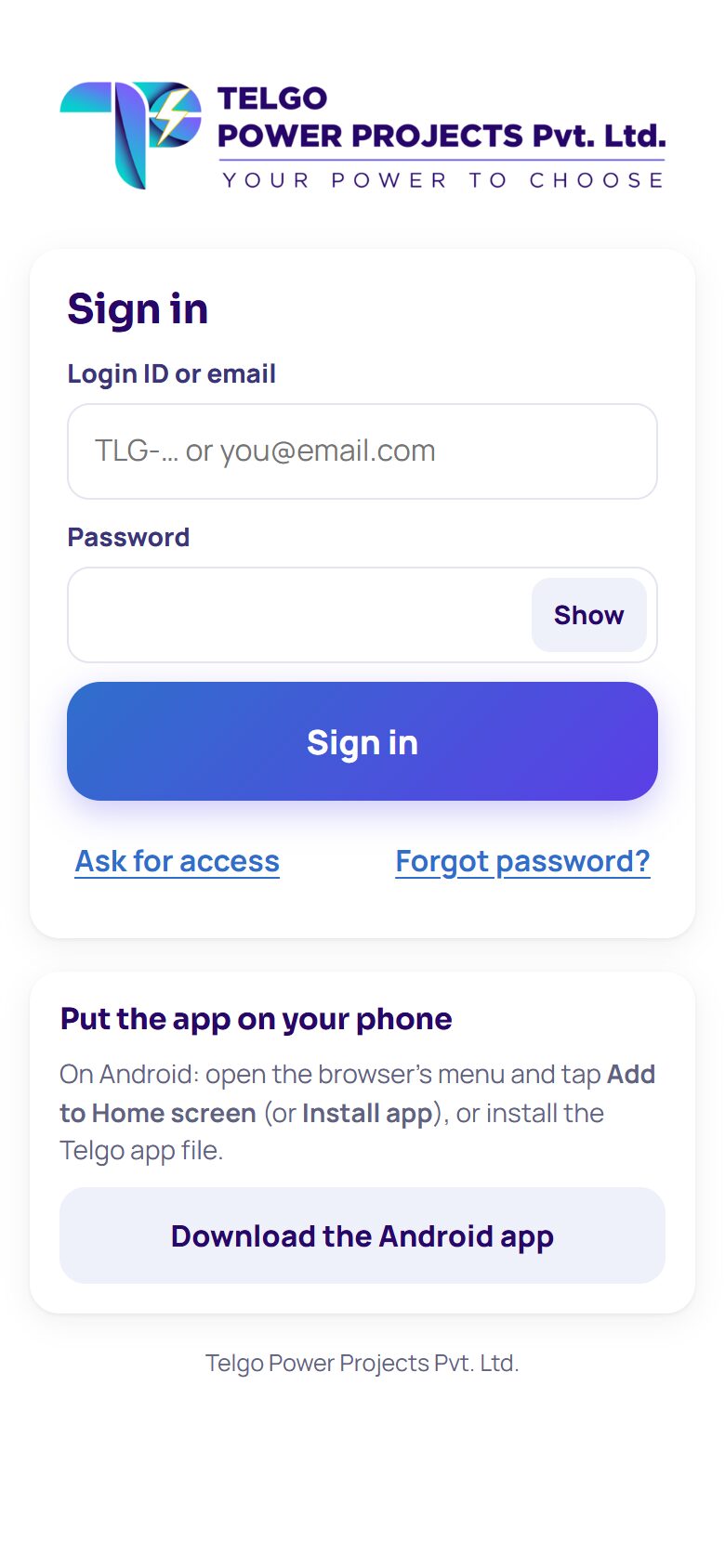 The sign-in screen of the Telgo Power Projects site app on a phone