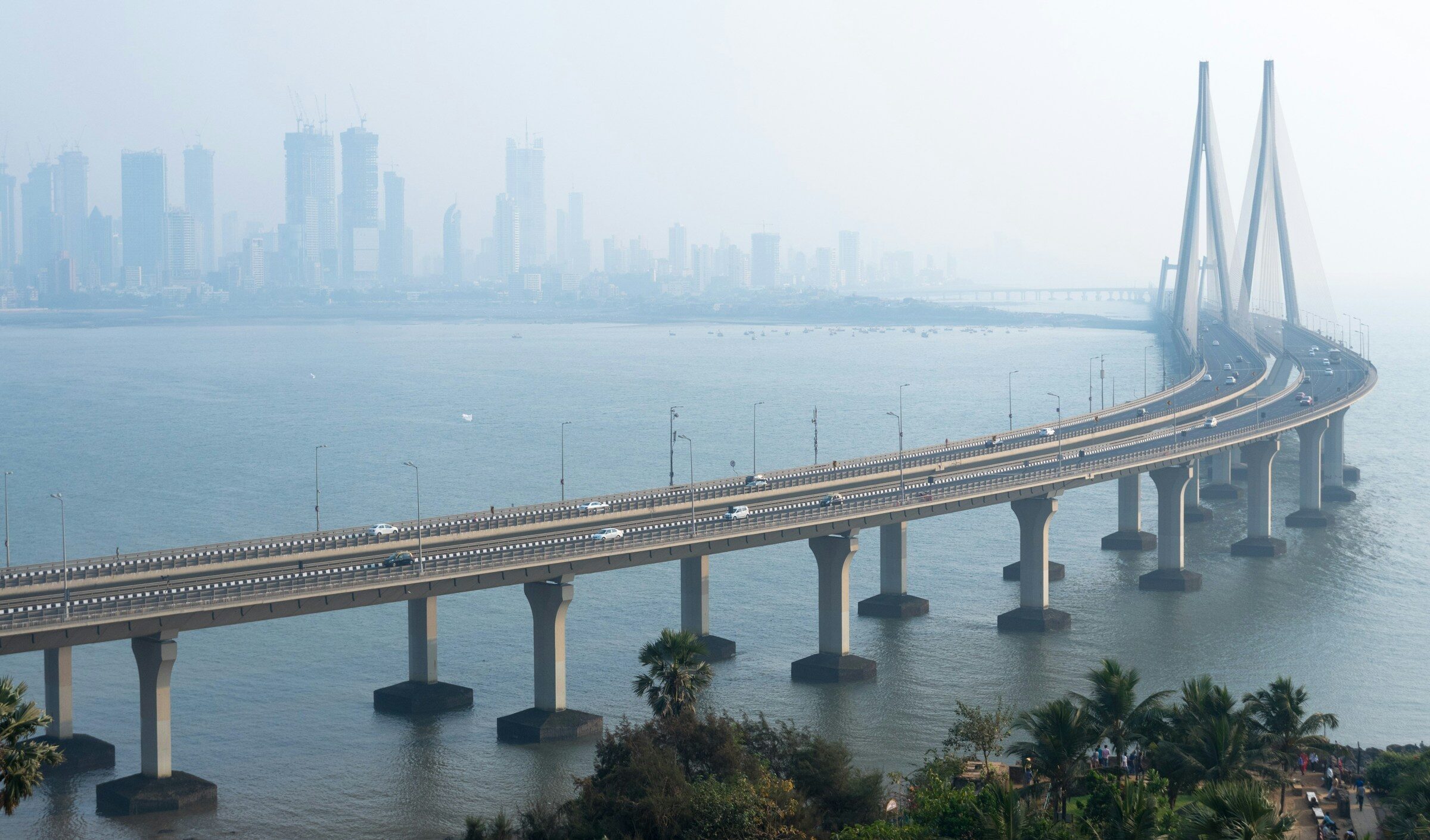 The Bandra–Worli Sea Link in morning haze with the Mumbai skyline behind