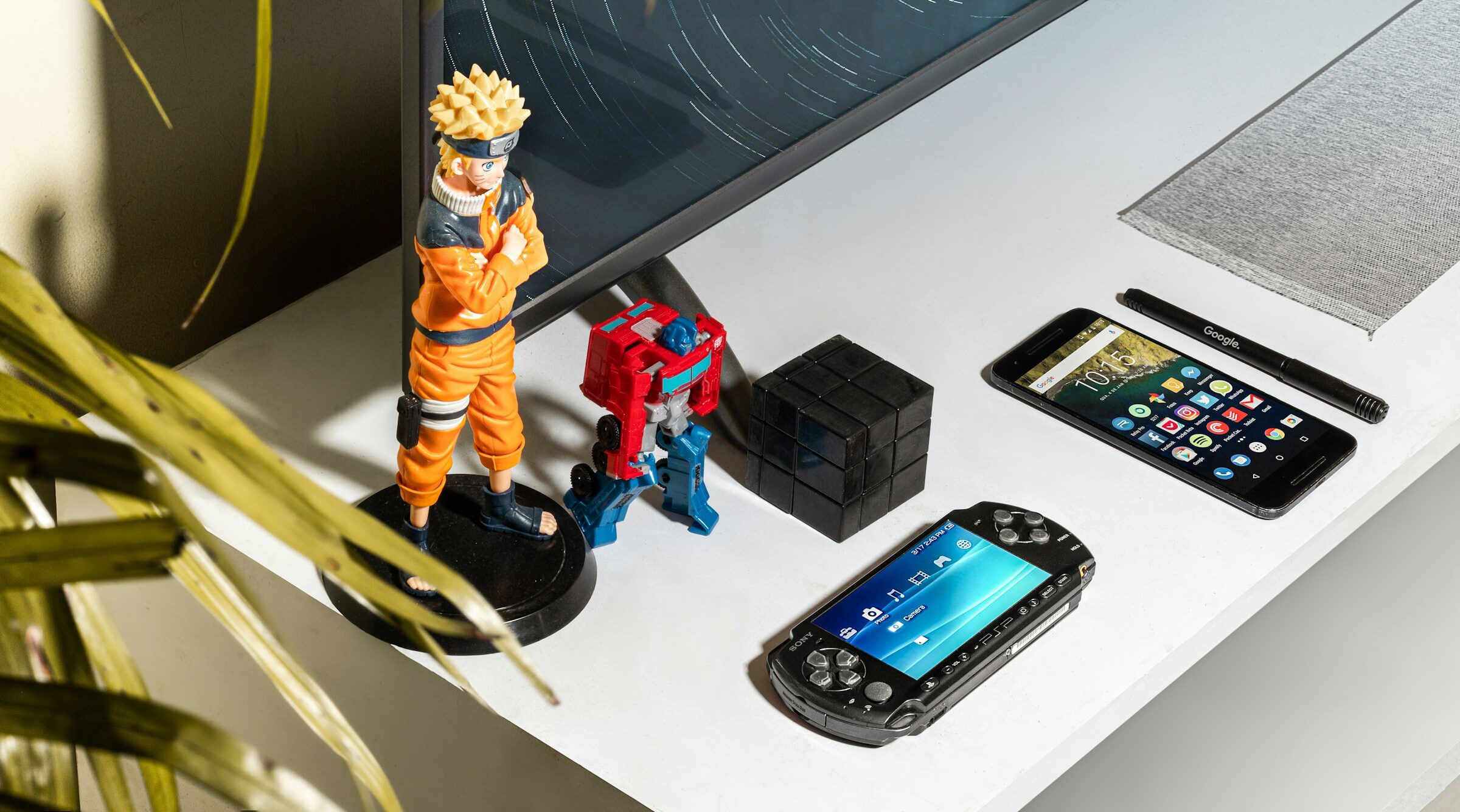 A phone lying on a white table