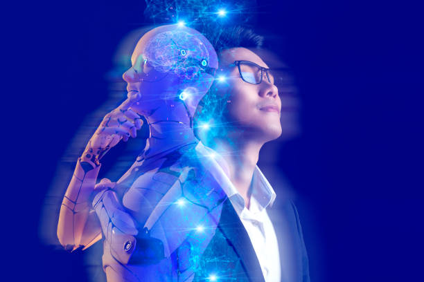 Double exposure of a business person and an AI figure
