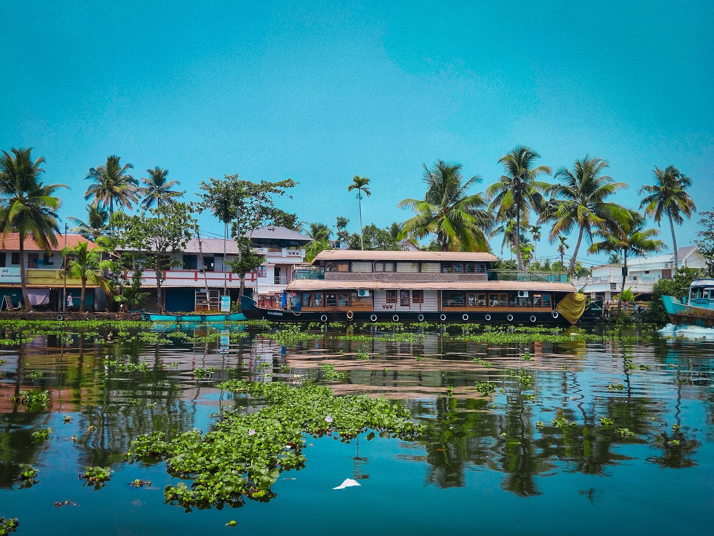 A backwater village in Kerala with houseboats under coconut palms