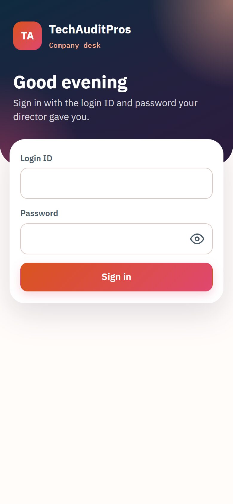 The sign-in screen of the TechAuditPros staff app on a phone