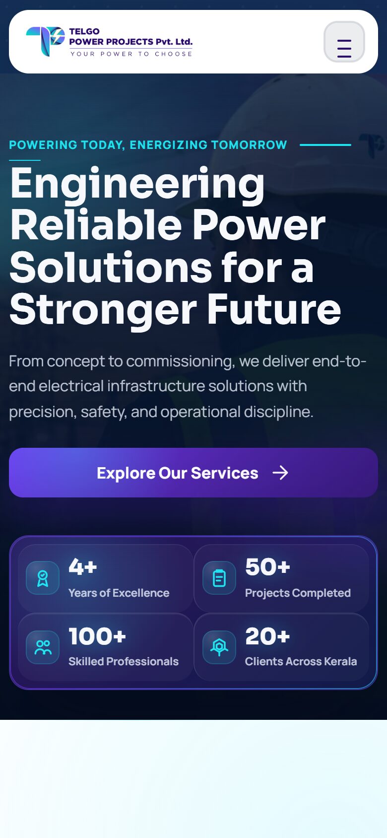 The Telgo Power Projects website on a phone