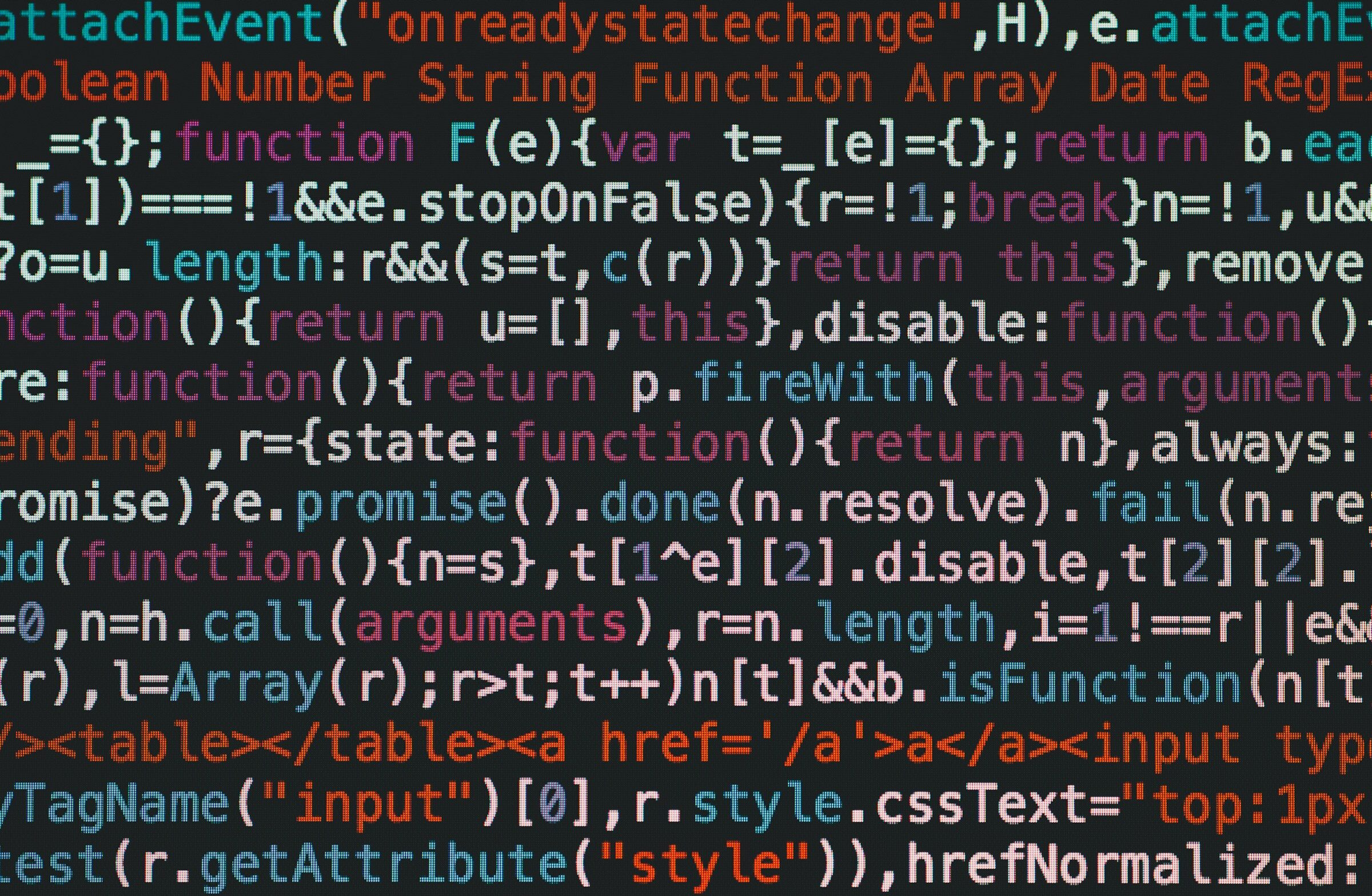 Lines of colourful JavaScript on a dark editor screen