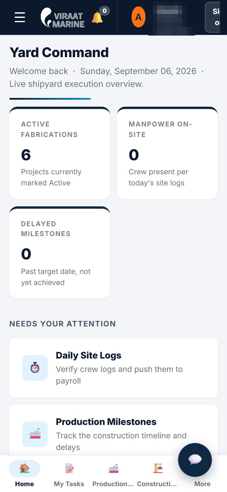 The production desk on a phone: active fabrications, manpower on site, delayed milestones, a bottom app bar