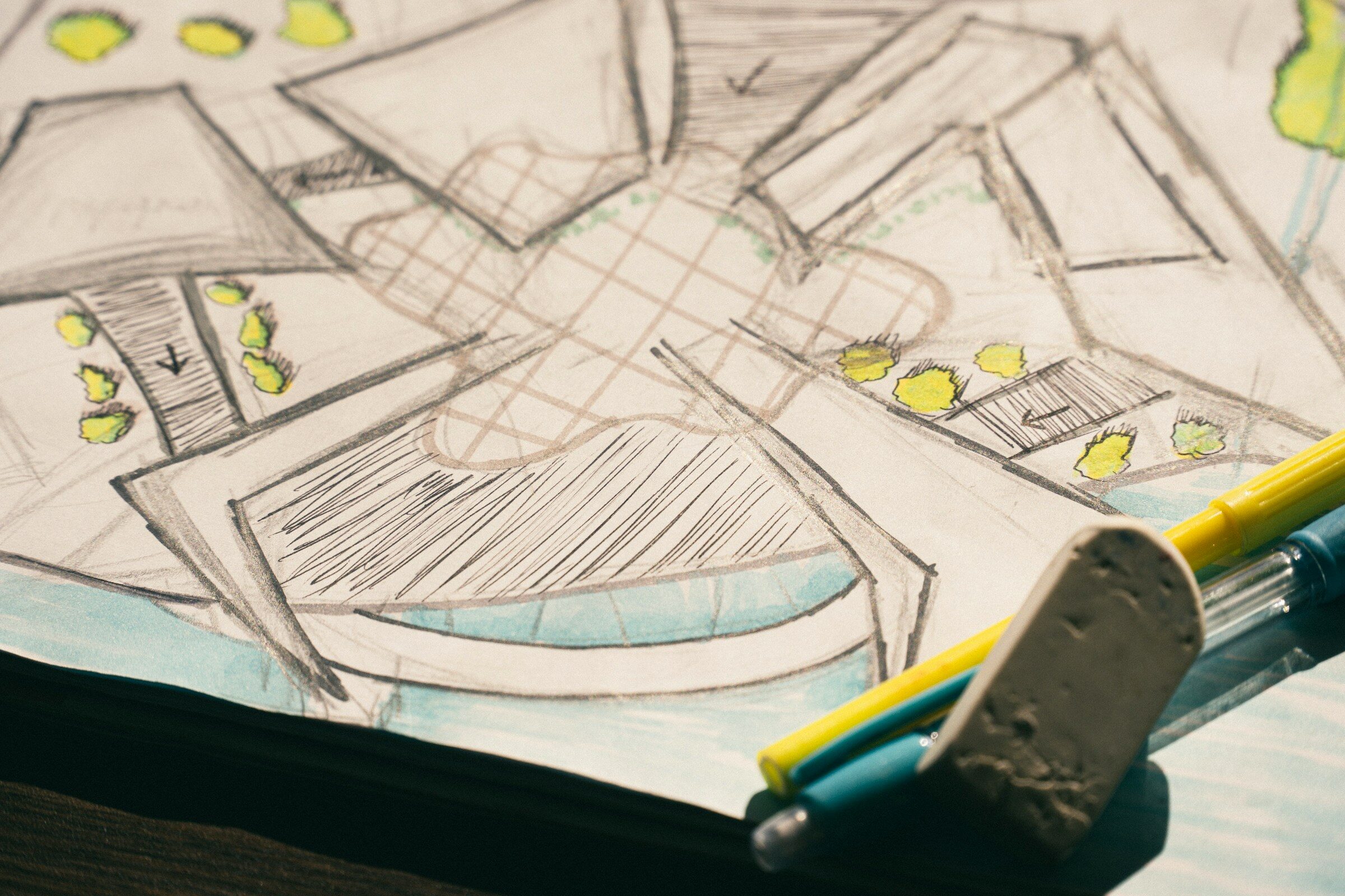 A pencil floor plan marked up with highlighters