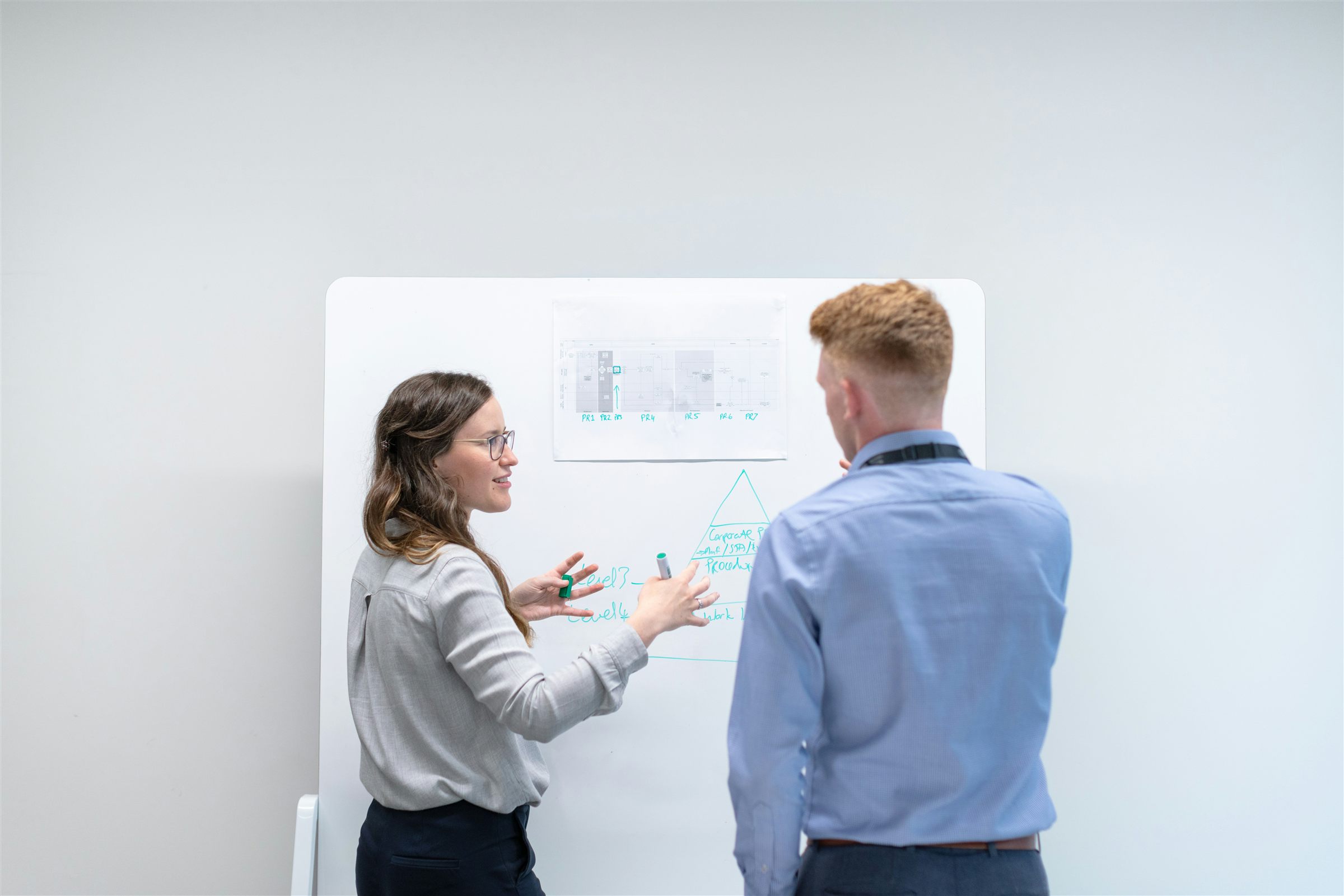 Two colleagues mapping business processes on a whiteboard before an ERP implementation